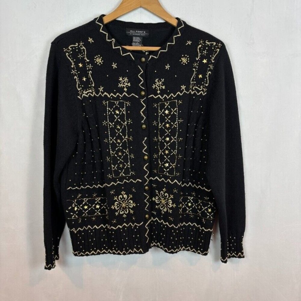 All Points by Reference Point Women's Black Gold‎ embroidered beaded cardigan L